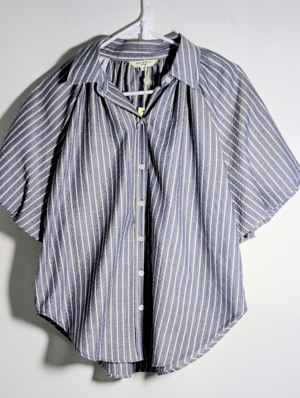 Max Studio London Women's Navy Blue Striped Short-Bubble Sleeve Button-Up Shirt